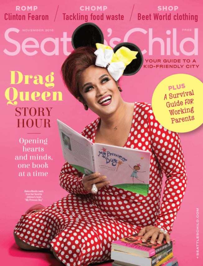 Aleksa Manila posing with a children's book on the cover of Seattle's Child magazine